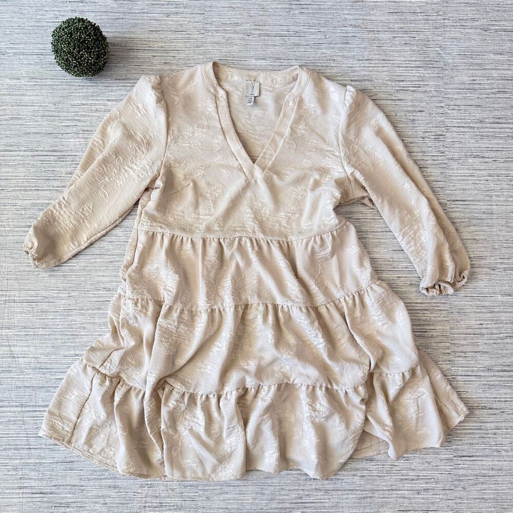 Joie Cream Tiered Babydoll Mini Dress Long Sleeve V-Neck Size Large